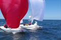 Men's Shirts Short Skirts AUS1141, from Royal Brighton Yacht Club, contesting the spinnaker run to the finish line with Come Monday AUS1332, a Metung fleet boat, in the Etchells 2025 Australian championship regatta © Jeanette Severs