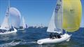 Northern Havoc AUS1119 and Apres La Mer AUS923 contest the finish line in the Etchells 2025 Australian championship. Northern Havoc is from Royal Sydney Yacht Squadron and Apres La Mer is among the Metung Yacht Club Etchells fleet © Jeanette Severs