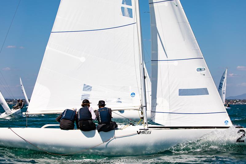 Fill in skipper Grant Simmer realxing at the finish of Race 2 in second - 2025 Etchells Pre-World Championship - photo © Nic Douglass @sailorgirlHQ