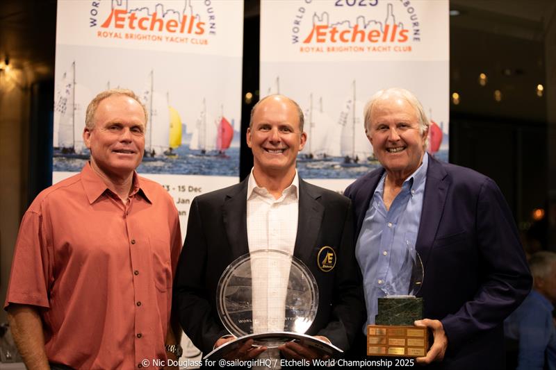 Eric Doyle, John Dane III and Bill Hardesty celebrating first Senior, Grandmasters and second overall - Etchells World Championship 2025 - photo © Nic Douglass @sailorgirlHQ