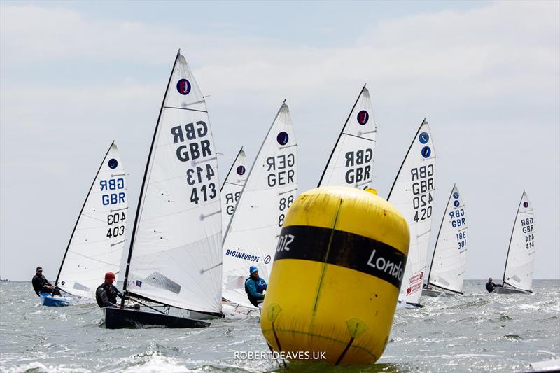 Alex Scoles leads the fleet to the windward mark in his Idol Composites boat during the Europe UK Nationals at Hayling Island photo copyright Robert Deaves / www.robertdeaves.uk taken at Hayling Island Sailing Club and featuring the Europe class