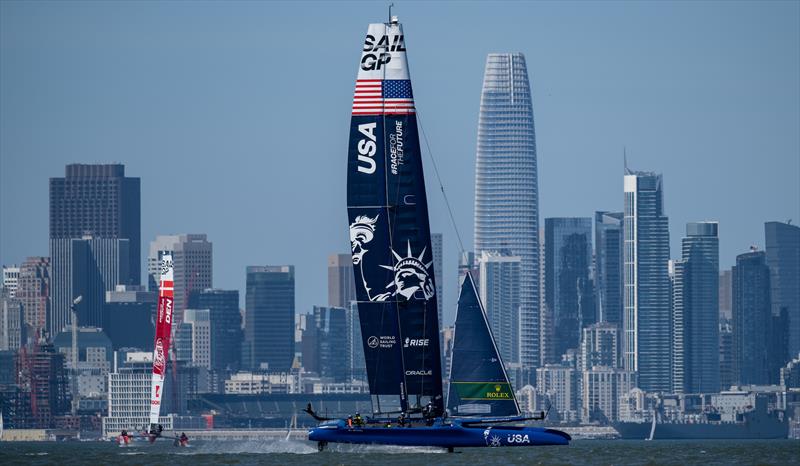 USA SailGP Team helmed by Jimmy Spithill sail past the San Francisco skyline during a practice session ahead of San Francisco SailGP, Season 2 in San Francisco, USA - photo © Ricardo Pinto for SailGP