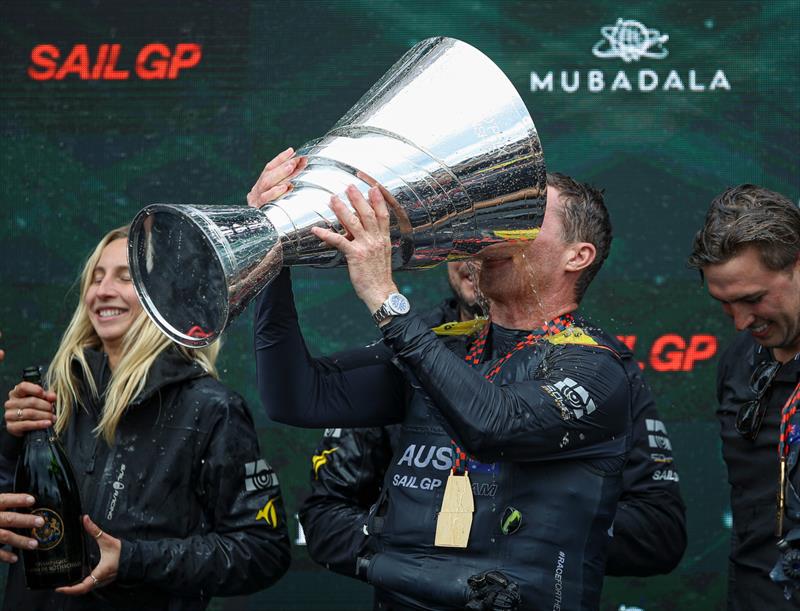 Tom Slingsby, CEO and driver of Australia SailGP Team, drinks Champagne Barons de Rothschild from the Sail Grand Prix Championship Trophy photo copyright Katelyn Mulcahy/SailGP taken at Golden Gate Yacht Club and featuring the F50 class