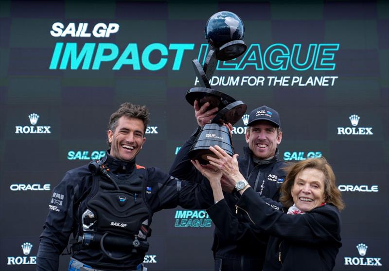New Zealand SailGP Team co-helmed by Peter Burling and Blair Tuke at the presentation of the Impact League Trophy with Sylvia Earle (Marine Biologist, on right of frame) on Race Day 2 of San Francisco SailGP, Season 2  photo copyright Bob Martin/SailGP taken at Golden Gate Yacht Club and featuring the F50 class