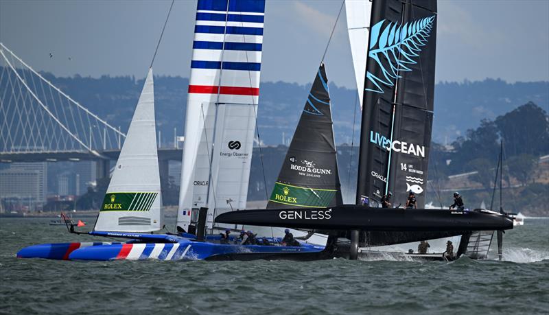 France SailGP Team helmed by Quentin Delapierre and New Zealand SailGP Team co-helmed by Peter Burling and Blair Tuke collide on Race Day 2 of San Francisco SailGP, Season 2  photo copyright Ricardo Pinto/SailGP taken at Golden Gate Yacht Club and featuring the F50 class