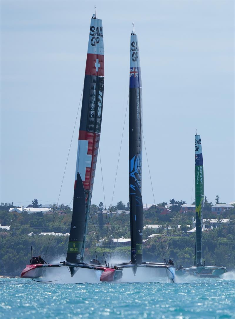 Switzerland SailGP Team helmed by Sebastien Schneiter and New Zealand SailGP Team co-helmed by Peter Burling and Blair Tuke on Race Day 2 of Bermuda SailGP presented by Hamilton Princess, Season 3, in Bermuda photo copyright Thomas Lovelock for SailGP taken at  and featuring the F50 class