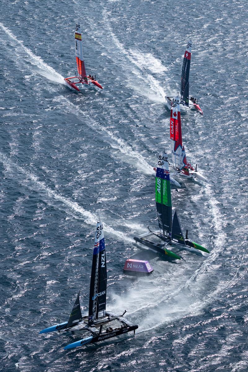 The SailGP F50 catamaran fleet on Race Day 1 of the Range Rover France Sail Grand Prix in Saint Tropez, France photo copyright Jon Buckle/SailGP taken at Société Nautique de Saint-Tropez and featuring the F50 class