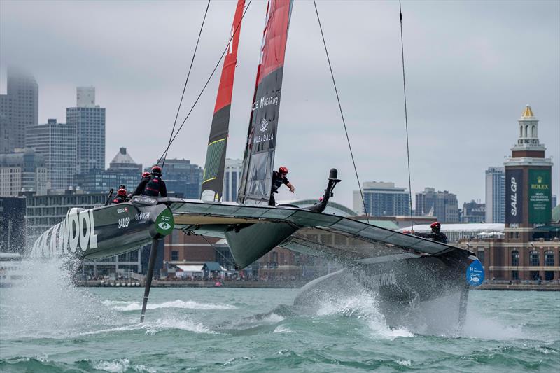 Julius Hallstrom, grinder of ROCKWOOL Denmark SailGP Team, crosses the boat during a manoeuvre, during a practice session ahead of racing on Race Day 1 of the Rolex United States Sail Grand Prix | Chicago at Navy Pier, Season 4, in Chicago, Illinois, USA photo copyright Bob Martin for SailGP taken at  and featuring the F50 class