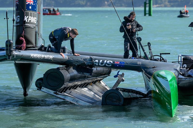 Tom Slingsby, CEO and driver of Australia SailGP Team, looks over the damage sustained to the F50 catamaran after they hit a finish line marker during Race 1 on Race Day 2 of the ITM New Zealand Sail Grand Prix in Christchurch - March 24, 2024 photo copyright Ricardo Pinto/SailGP taken at Naval Point Club Lyttelton and featuring the F50 class