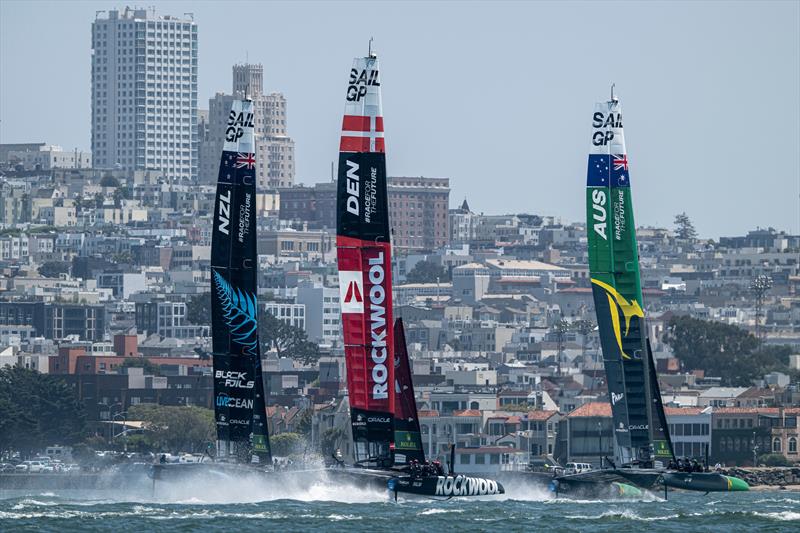 Australia leads Denmark and New Zealand - Practice Race -  SailGP Season 4 Grand Final -  San Francisco - July 2024 photo copyright Ricardo Pinto/SailGP taken at San Francisco Yacht Club and featuring the F50 class