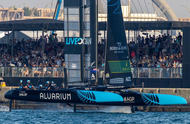 New Zealand SailGP Team helmed by Peter Burling sail past spectators in the SailGP Race Stadium as they cross the finish line to win Emirates Dubai Sail Grand Prix presented by P&O Marinas in Dubai, UAE - photo © Felix Diemer for SailGP