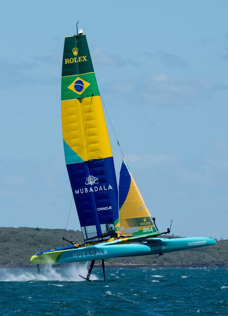 Mubadala Brazil SailGP Team Martine Grael) shows off their new T-Foils in testing/training for the ITM New Zealand Sail Grand Prix off Takapuna - Monday, January 13, 2025 photo copyright Bob Martin/SailGP taken at Takapuna Boating Club and featuring the F50 class