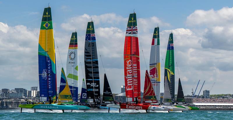 Fleet action on Race Day 1 of The Rolex SailGP Championship ITM New Zealand Sail Grand Prix in Auckland, New Zealand. Saturday 18 January photo copyright Ricardo Pinto for SailGP taken at Auckland Sailing Club and featuring the F50 class