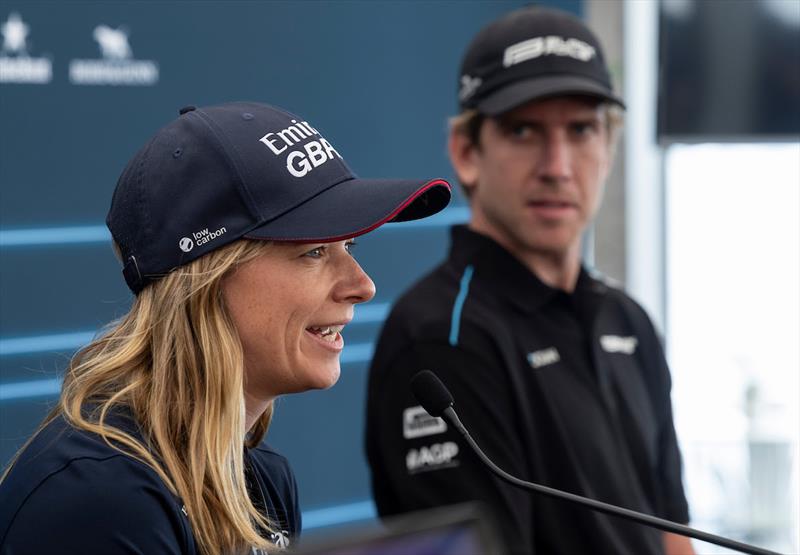 Hannah Mills, strategist of Emirates Great Britain SailGP Team, speaks at the pre-event press conference - Race Day 1 of ITM New Zealand Sail Grand Prix in Auckland photo copyright Brett Phibbs for SailGP taken at Auckland Sailing Club and featuring the F50 class