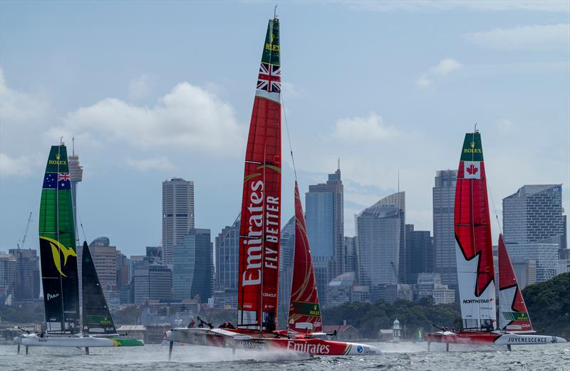 Australia SailGP Team helmed by Tom Slingsby, Emirates Great Britain SailGP Team helmed by Dylan Fletcher and Canada NorthStar SailGP Team helmed by Giles Scott in the final on Race Day 2 of the KPMG Australia Sail Grand Prix in Sydney, Australia photo copyright Felix Diemer for SailGP taken at  and featuring the F50 class