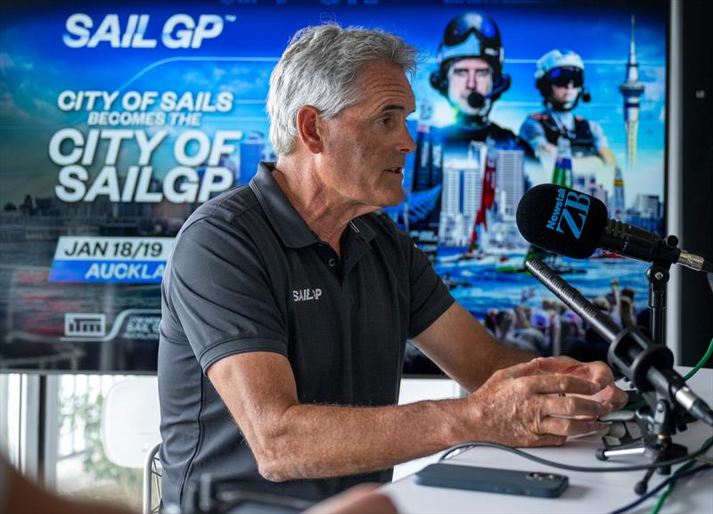 SailGP CEO Russell Coutts is interviewed during the ITM New Zealand SailGP - January 2025 photo copyright Jason Ludlow/SailGP taken at Royal New Zealand Yacht Squadron and featuring the F50 class