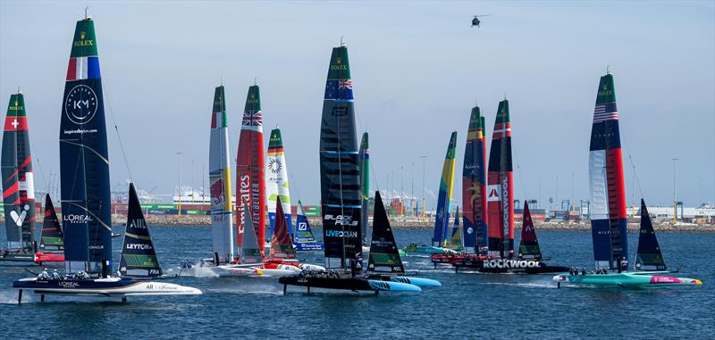 USA SailGP Team helmed by Taylor Canfield lead over ROCKWOOL Denmark SailGP Team, New Zealand SailGP Team and France SailGP Team on Race Day 1 of the Rolex Los Angeles Sail Grand Prix - photo © Andrew Baker for SailGP