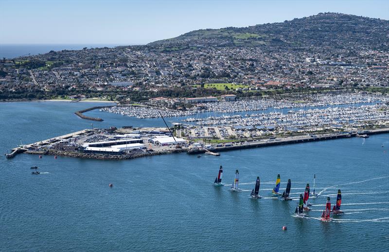 General view with the SailGP fleet in action with the Adrenaline Lounge and race stadium in the background on Race Day 1 of the Rolex Los Angeles Sail Grand Prix photo copyright Ricardo Pinto for SailGP taken at  and featuring the F50 class