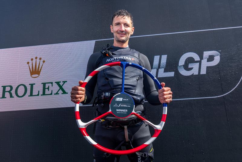 Giles Scott, driver of Canada NorthStar SailGP Team, lifts the winners trophy after Canada NorthStar SailGP Team win the Rolex Los Angeles Sail Grand Prix - photo © Jed Jacobsohn for SailGP