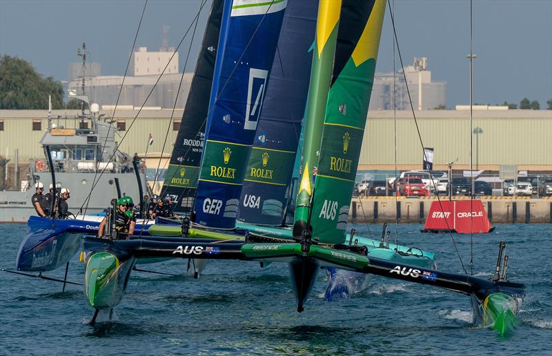 Australia leads the charge down the Sprint leg - Day 1 -  Mubadala Abu Dhabi Sail Grand Prix Season Grand Final - November 29, 2025 photo copyright Ricardo Pinto/SailGP taken at Abu Dhabi Marine Sports Club and featuring the F50 class