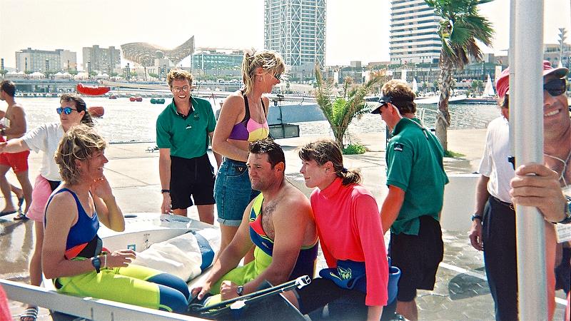 In the foreground is Jan Shearer  Silver, standing Barbara Kendall  Gold, Craig Monk Bronze, Leslie Egnot Silver - photo © Peter Montgomery