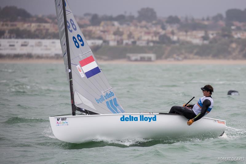 Nicholas Heiner celebrates winning the first race on day 3 of the Finn Europeans in Cádiz, Spain - photo © Robert Deaves