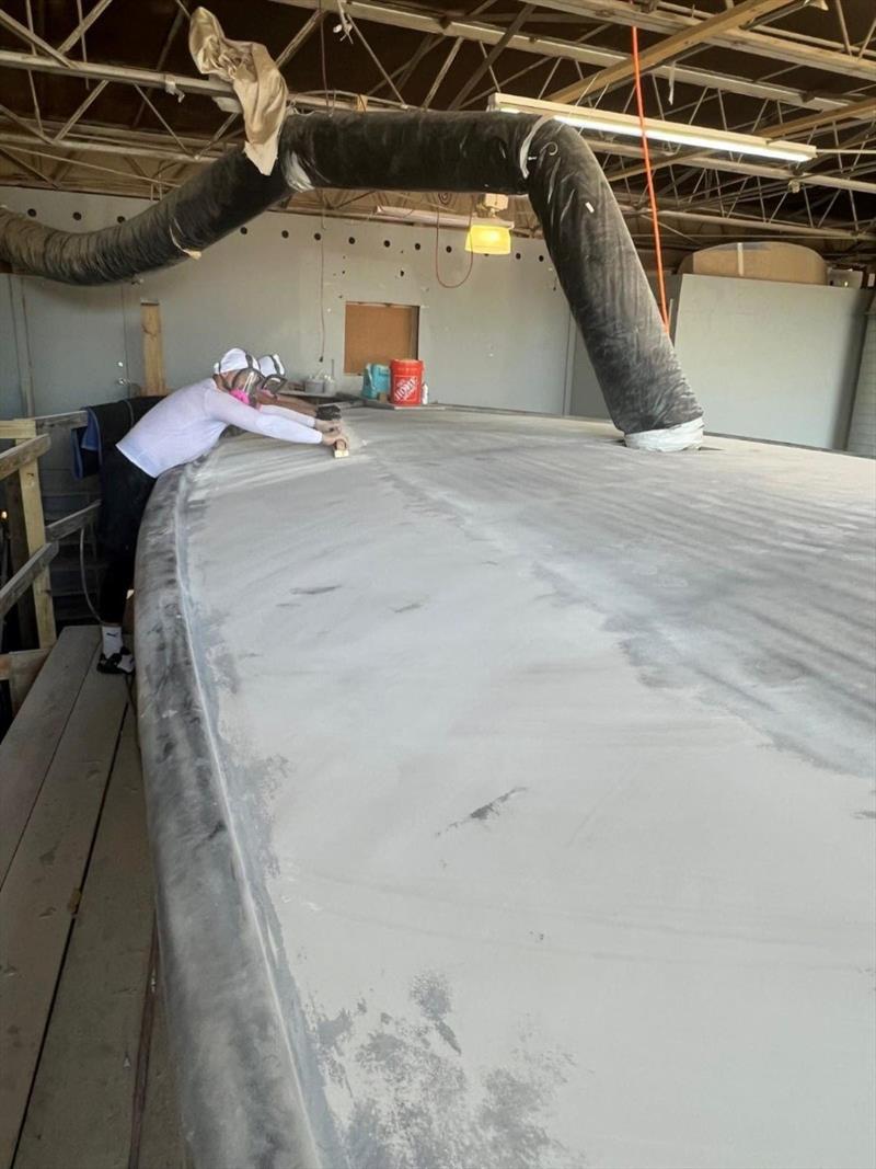 Hull #8 - Blocking the foredeck high build - photo © Michael Rybovich & Sons