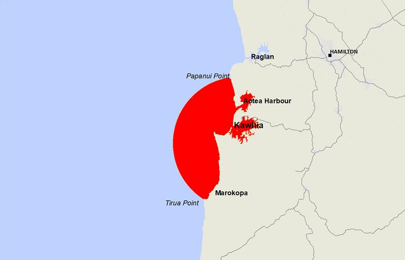 Map showing the area covered by the shellfish biotoxin alert extends from Papanui Point, just south of Raglan, to Tirua Point, which is just south of Marokopa. The warning also includes Kawhia and Aotea harbours photo copyright MPI NZ taken at  and featuring the Fishing boat class