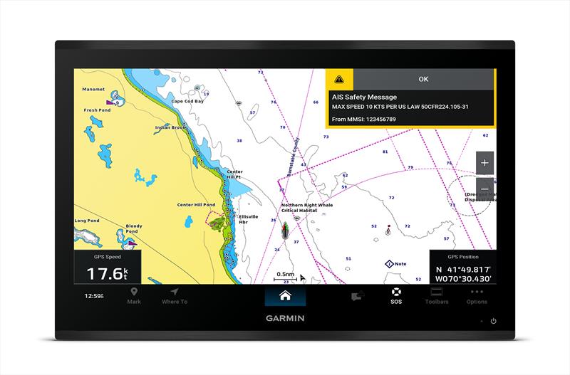 A chartplotter on an AIS-equipped vessel displays a message from the new alert network, reading “Max speed 10 knots per US law 50CFR224.5-105.31.” photo copyright Garmin taken at  and featuring the Fishing boat class