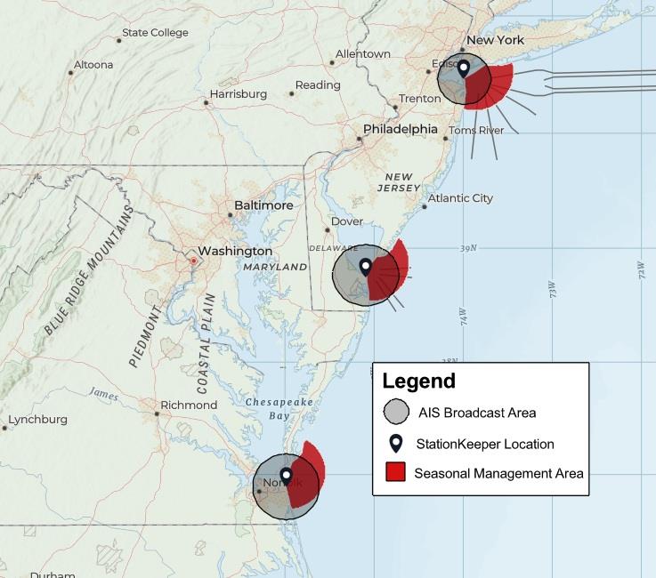 A map displaying Seasonal Management Areas and projected broadcast areas of StationKeepers in the mid-Atlantic. A StationKeeper can receive and transmit messages to vessels within approximately 15 to 20 nms, depending on the height of its location photo copyright NOAA Fisheries taken at  and featuring the Fishing boat class