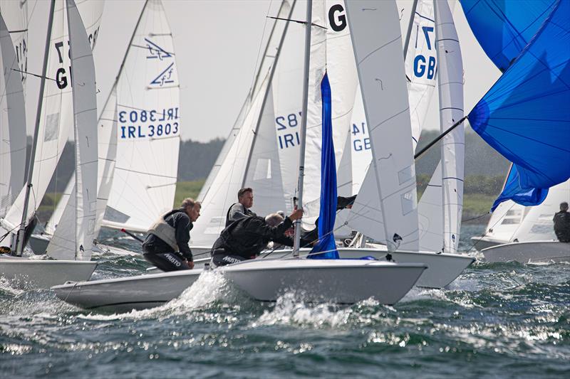 Pinnell & Cadwallader (2nd overall) in front of Vialls & Turner (Winners) during the Flying Fifteen British Isles Championships 2024 at Strangford Lough photo copyright Simon McIlwaine / www.wavelengthimage.com taken at Strangford Lough Yacht Club and featuring the Flying Fifteen class