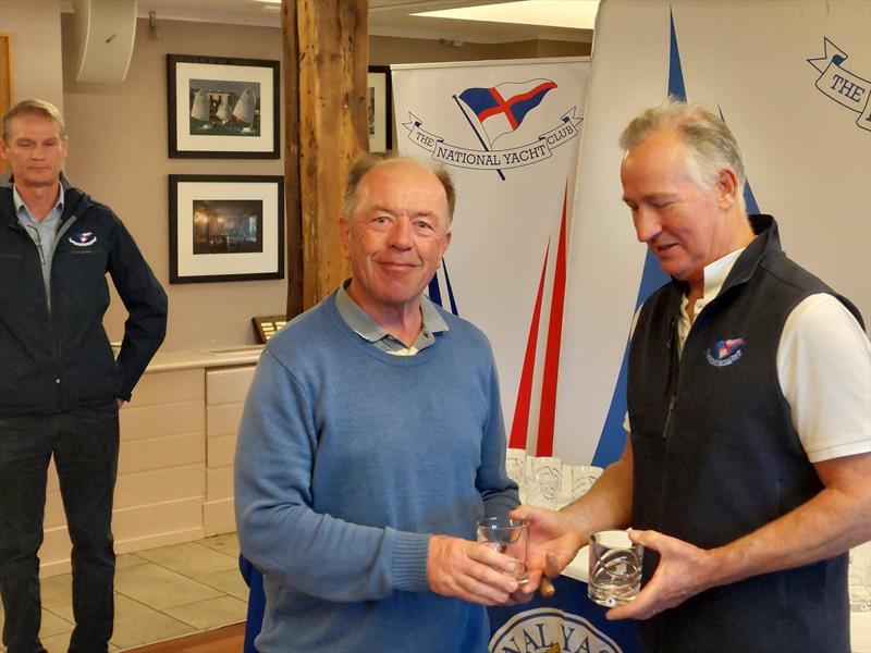 Irish Flying Fifteen East Coast Championship - Alan Balfe collects 2nd prize for the Bronze Fleet from NYC Commodore Peter Sherry with Flying Fifteen Class Captain, Joe Hickey in the background photo copyright Cormac Bradley taken at National Yacht Club, Ireland and featuring the Flying Fifteen class