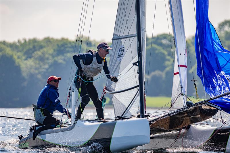 Tim Neal helmed his Edge F18 to the class podium in some close fought action during the Rutland Cat Open 2024 photo copyright Gordon Upton / www.guppypix.com taken at Rutland Sailing Club and featuring the Formula 18 class