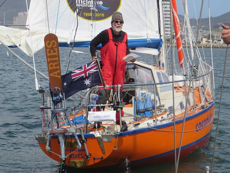 Following in Bernard Moitessier's wake? Australian Mark Sinclair made an impromptu stop in Table Bay to hand across films, just as French sailing legend Bernard Moitessier did during the inaugural GGR 50 years before photo copyright Riaan Smit / PPL / GGR taken at  and featuring the Golden Globe Race class
