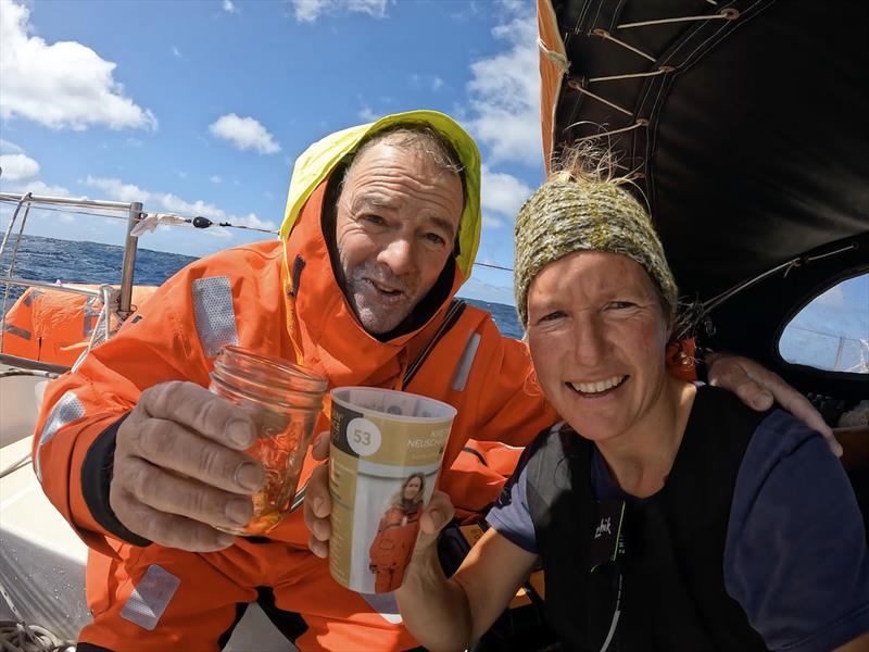 Successful rescue operation for Tapio Lehtinen in Southern Indian Ocean. Kirsten Neuschäfer first to reach position, and take him to safety aboard Minnehaha, After sharing a good glass of rum, Tapio was transferring onto Bulk Carrier M.V. Darya Gayatri - photo © Kirsten Neuschäfer / GGR2022