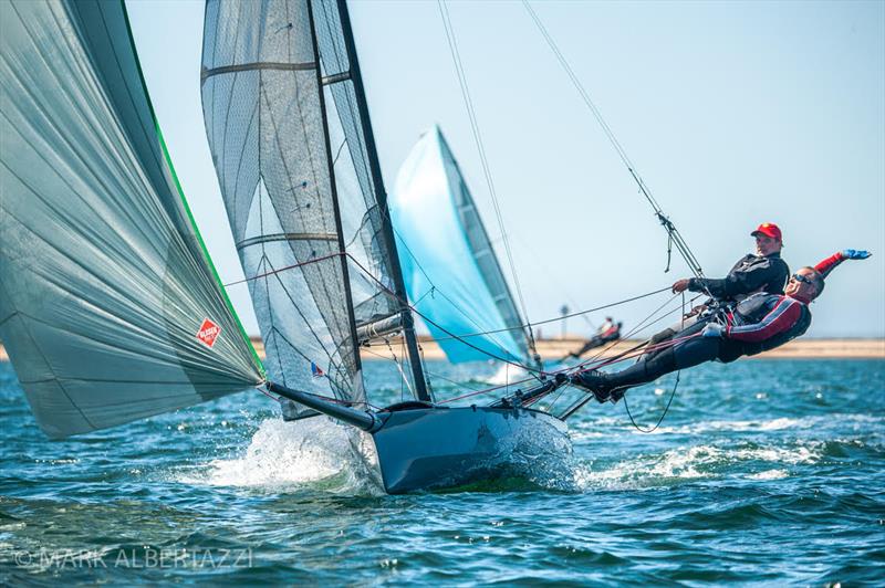 International 14 sailors enjoy ideal flat-water racing conditions on San Diego's South Bay racecourse during the 2021 edition of the Helly Hansen Sailing World Regatta Series photo copyright Mark Albertazzi taken at San Diego Yacht Club and featuring the International 14 class