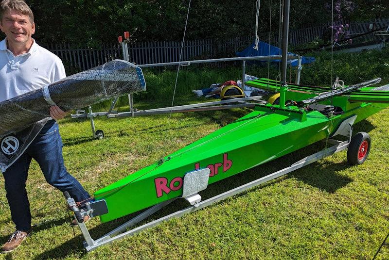 Alistair Warren with his new boat Roobarb - International Canoe May Cup Invitational at Weston photo copyright Chris Hampe taken at Weston Sailing Club and featuring the International Canoe class