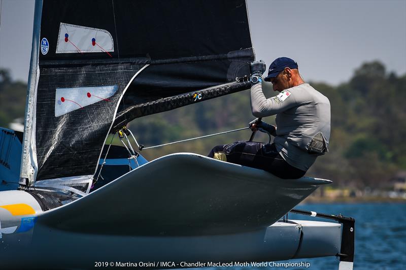 Chandler Macleod Moth Worlds final day - Francesco Bruni crosses the line for a win photo copyright Martina Orsini taken at Mounts Bay Sailing Club, Australia and featuring the International Moth class