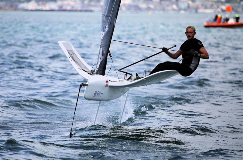 Alex Barone on Day 2 of the Wetsuit Outlet International Moth UK Nationals photo copyright Mark Jardine / IMCAUK taken at Restronguet Sailing Club and featuring the International Moth class