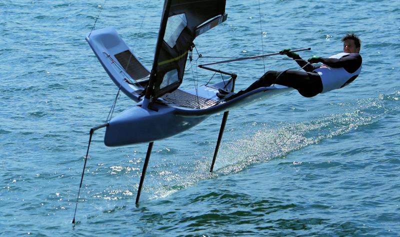 Matthew Lea on Day 3 of the Wetsuit Outlet International Moth UK Nationals photo copyright Mark Jardine / IMCAUK taken at Restronguet Sailing Club and featuring the International Moth class