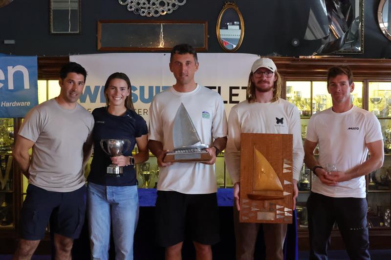 2025 Wetsuit Outlet International Moth UK Championship (l-r) Kyle Stoneham (2nd), Hattie Rogers (4th & Ladies Champion), Henry Wetherell (National Champion), Callum Wyper (10th & Youth Champion), Dylan Fletcher (3rd) - photo © Mark Jardine