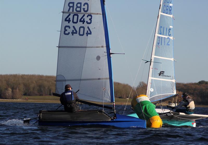 International Moth Lowrider Inlands 2025 - Martin Harrison leads Katie Hughes at the Windward mark photo copyright Tom Foxall taken at Grafham Water Sailing Club and featuring the International Moth class