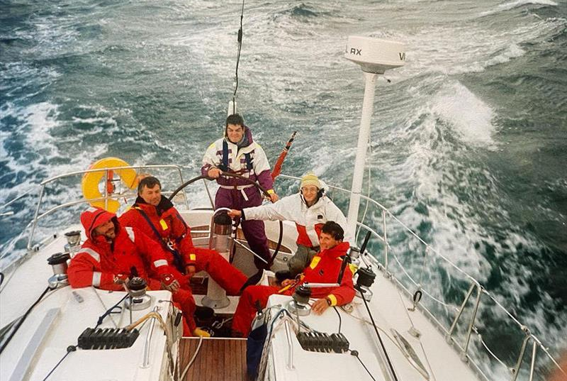 Jim Close on the wheel of Bounder that he Skippered for a year -  this is the1999 ARC where they won by a week and only had a sextant to use as GPS was off due to war in the Gulf - photo © Dave Leverett