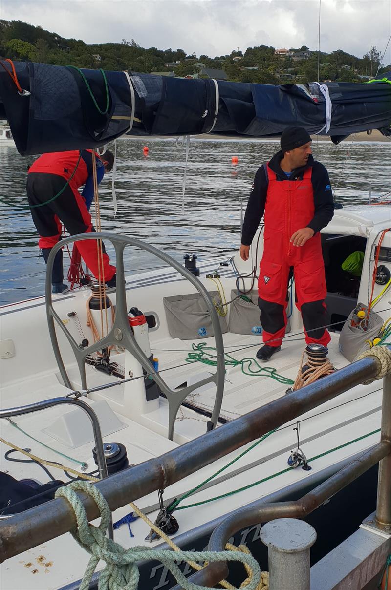 Titanium crew relax in Half Moon Bay, after finishing -Round New Zealand Race 2019 - Leg 2 - February 2019 photo copyright SSANZ taken at  and featuring the IRC class