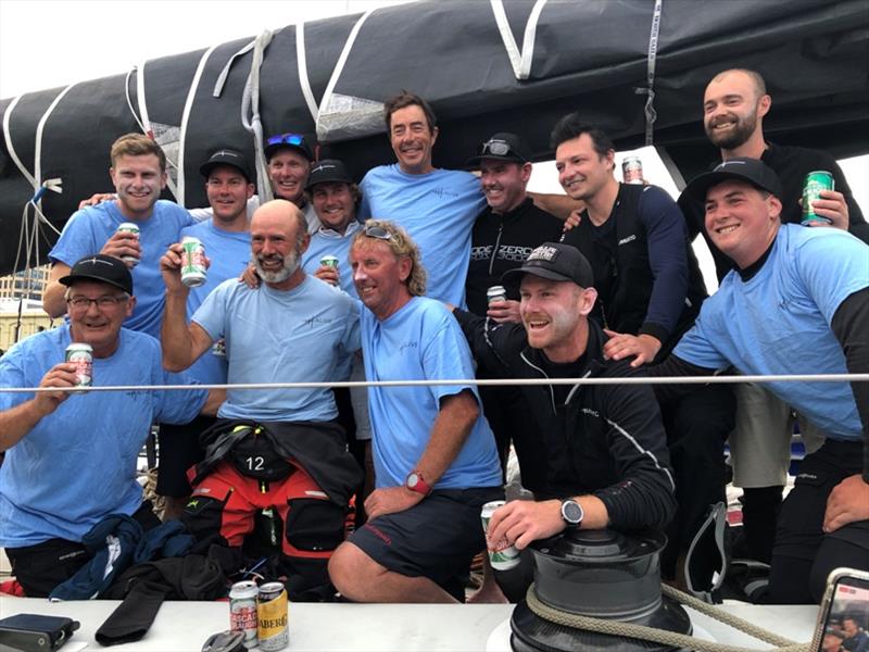 The crew of Alive celebrating their win and new race record in the TasPorts Launceston to Hobart Yacht Race photo copyright Jane Austin taken at Derwent Sailing Squadron and featuring the IRC class
