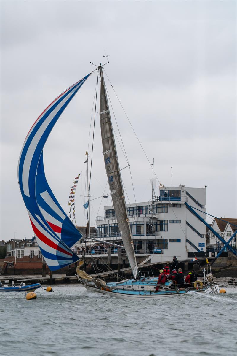 Tigo IV, skippered by Bob Fawkes, sails in front of Royal Corinthian Yacht Club for the Town Cup trophy during Burnham Week 2024 photo copyright Petru Balau Sports Photography / sports.hub47.com taken at Royal Corinthian Yacht Club, Burnham and featuring the IRC class