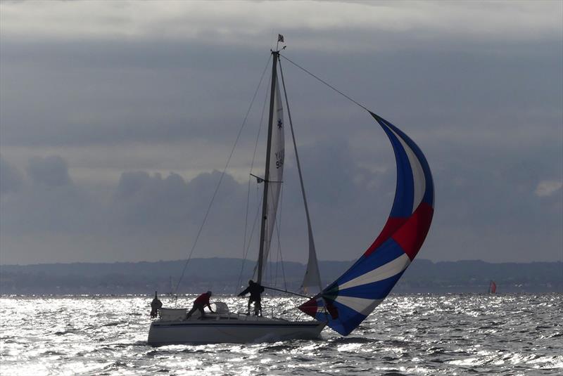 Fillipene spinnaker hoist during the Waller-Harris Two-handed Triangle Race photo copyright Bill Harris taken at Royal Channel Islands Yacht Club and featuring the IRC class