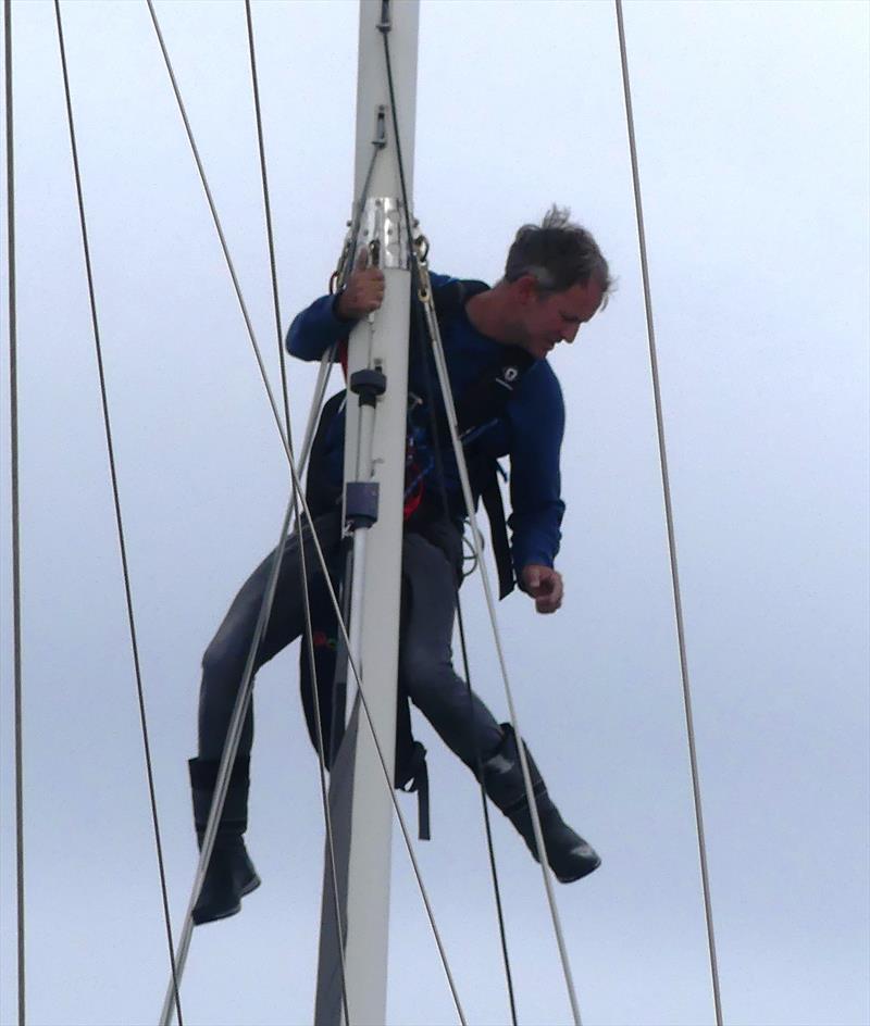 Running repairs for Anderica during the Waller-Harris Two-handed Triangle Race photo copyright Bill Harris taken at Royal Channel Islands Yacht Club and featuring the IRC class