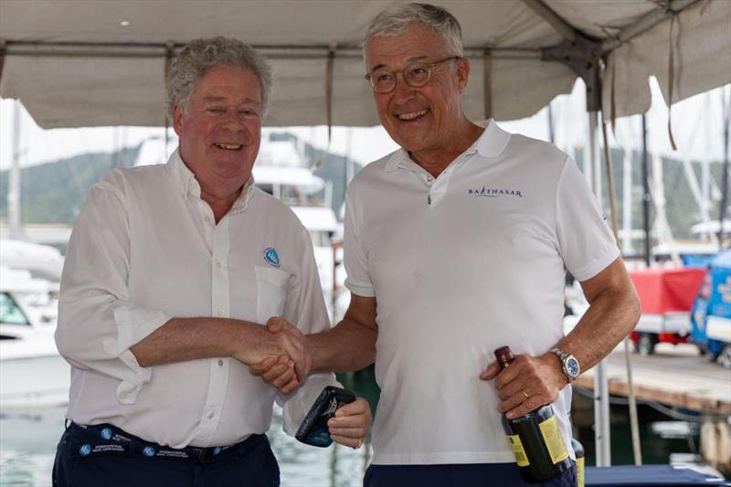 Andrew McIrvine, IMA Secretary General congratulates Balthasar's Filip Balcaen - RORC Nelson's Cup Maxi Series photo copyright Tim Wright / Photoaction.com taken at Royal Ocean Racing Club and featuring the IRC class