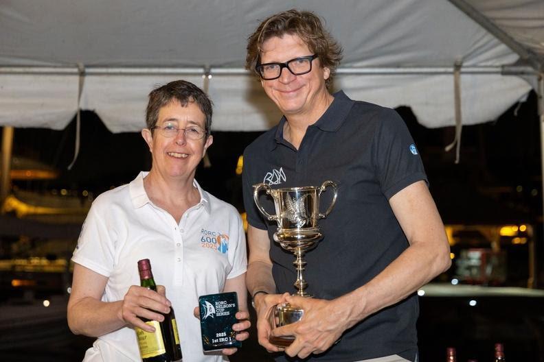 RORC Commodore Deb Fish presents Rán's Niklas Zennstrom with this team's awards - 2025 RORC Nelson's Cup Series photo copyright Tim Wright / Photoaction.com taken at Royal Ocean Racing Club and featuring the IRC class